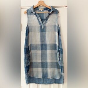 Cloth and Stone Cotton Gauze Blue White Plaid Sleeveless‎ Dress Pockets Large